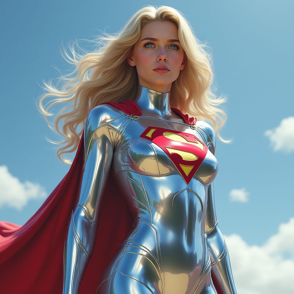 Hyperrealistic Supergirl in High-Sheen Quicksilver Costume