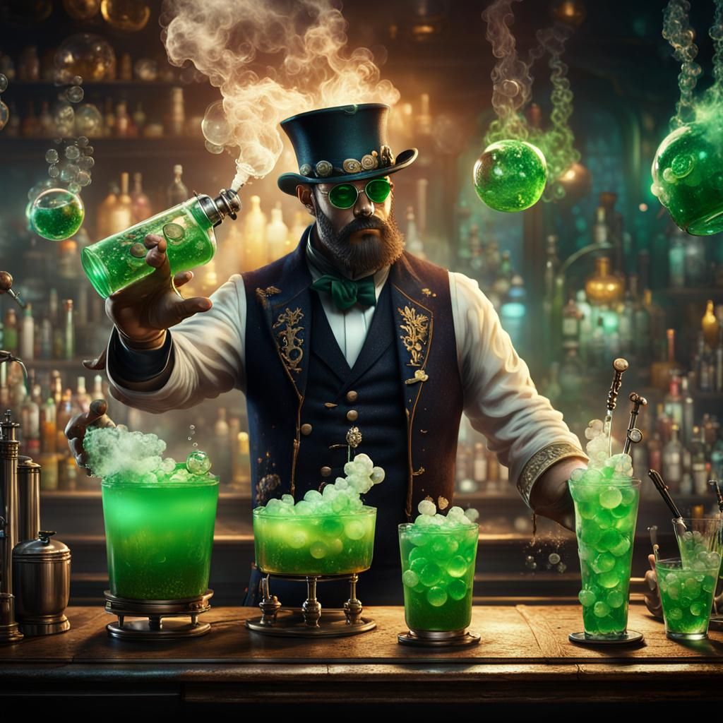 Steampunk Bartender Creates a Smokey Green Cocktail