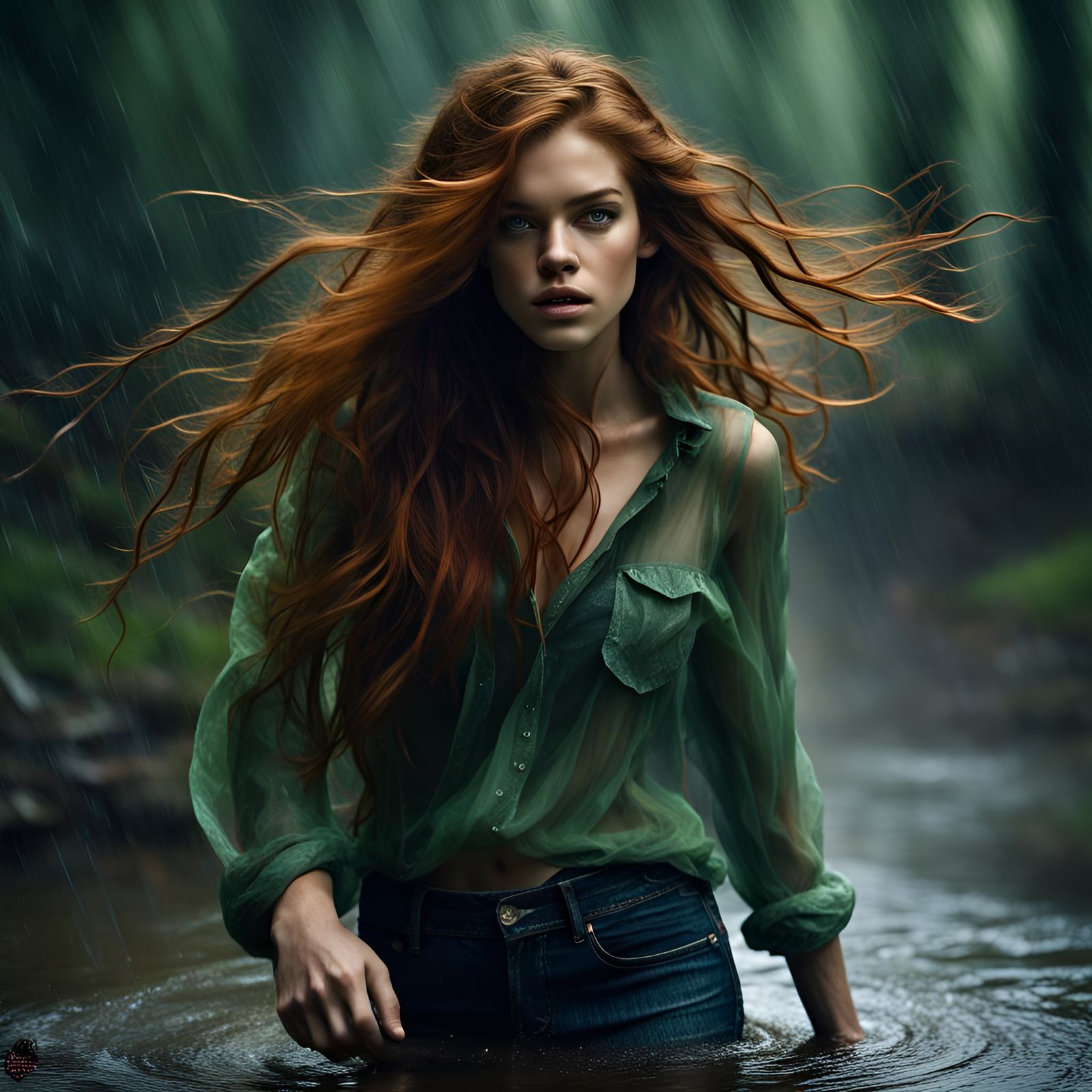 Redhead Runs in Rainy Forest: Hyperrealistic Image