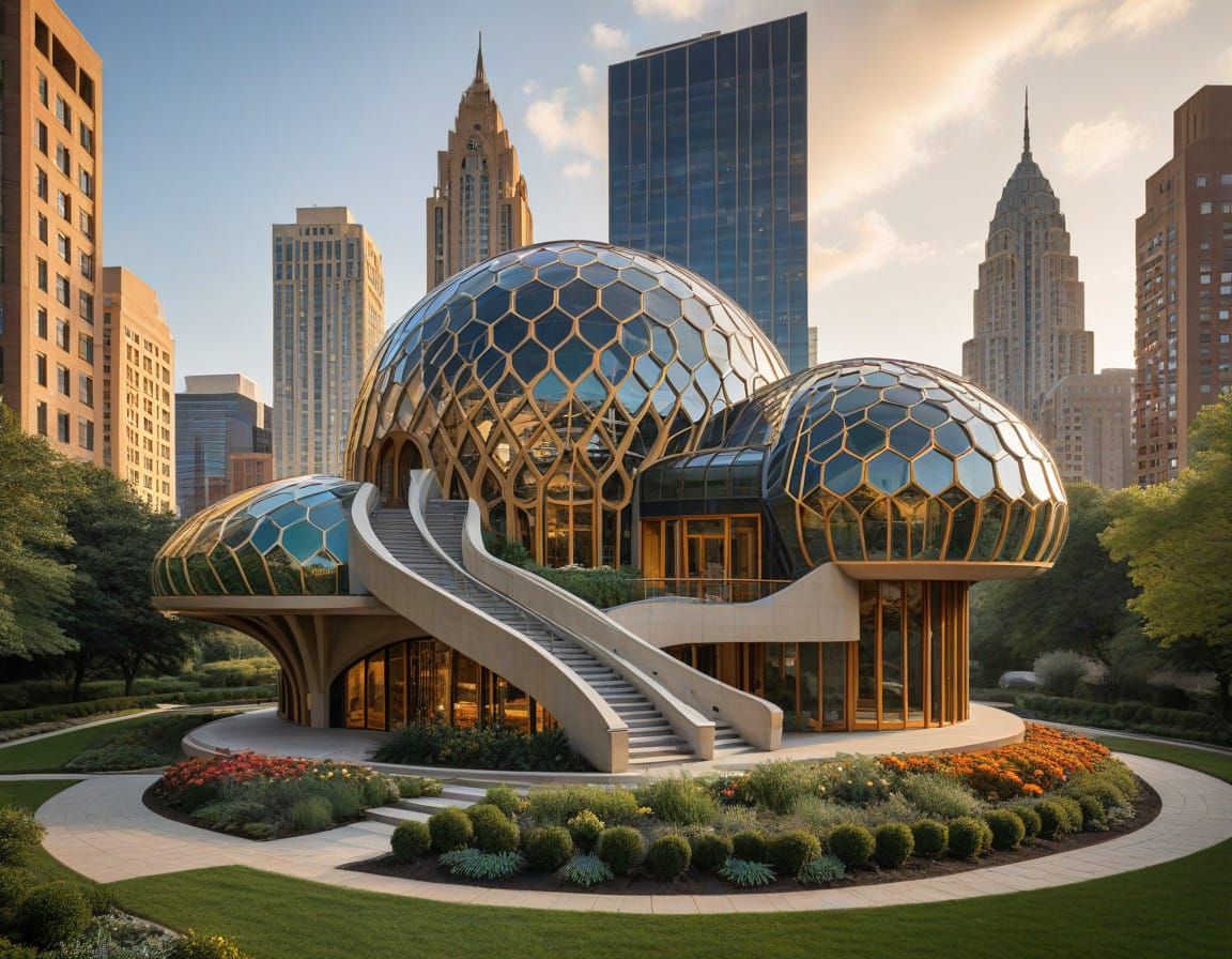 Golden Honeycomb Cityscape in Vibrant Art Deco Style