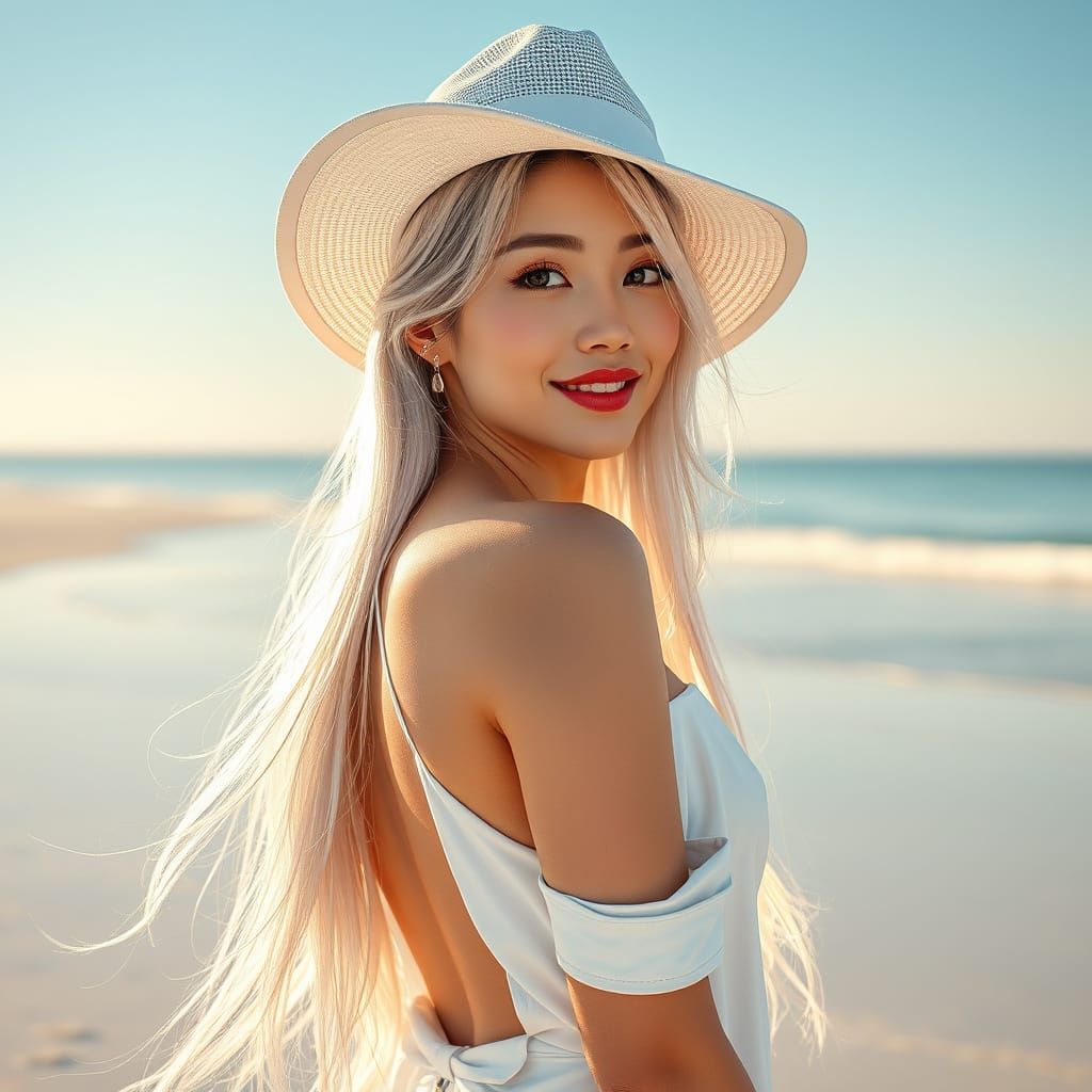 Stunning Korean Woman in Elegant Beach Attire