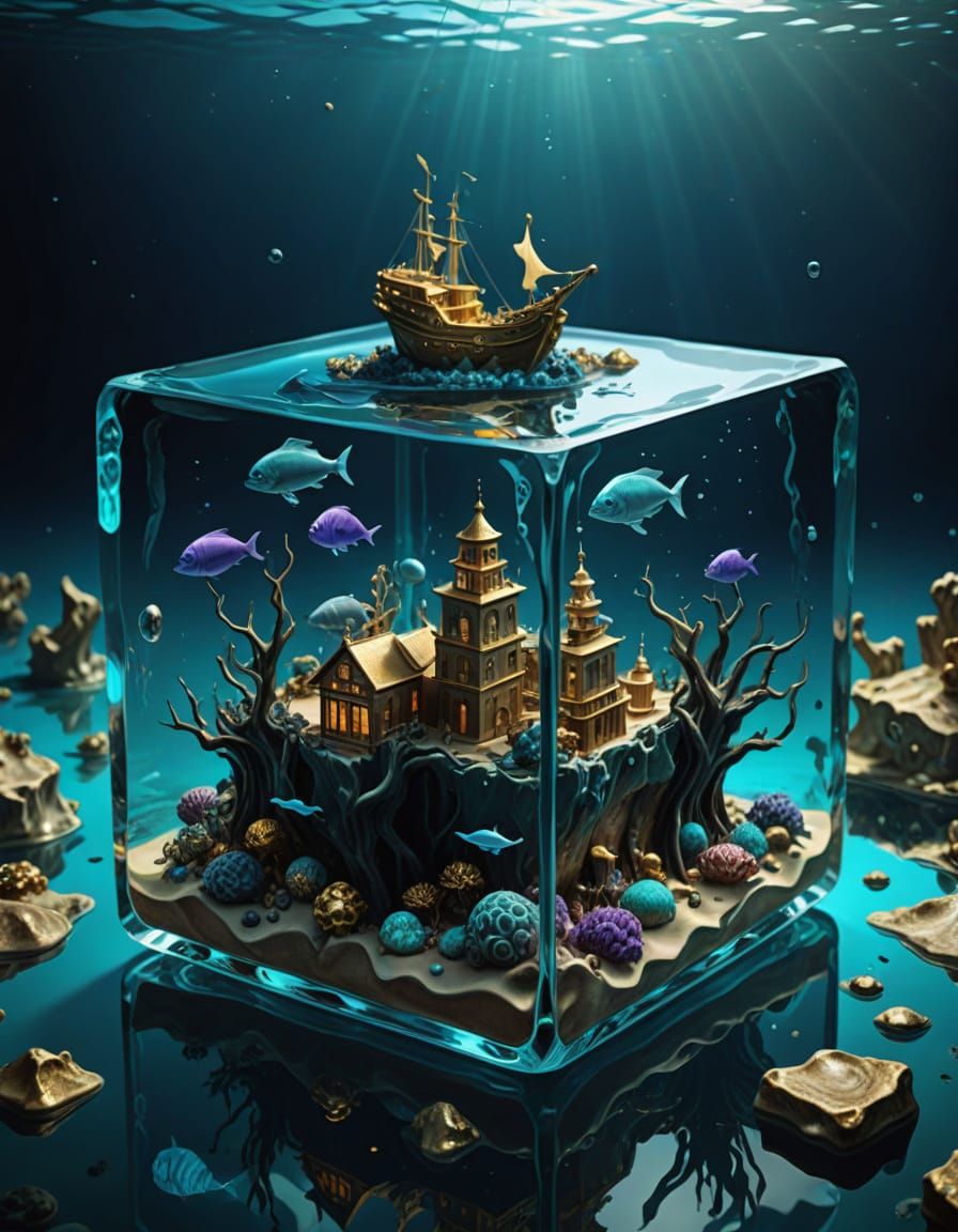Surreal Aquascape within a Transparent Cube