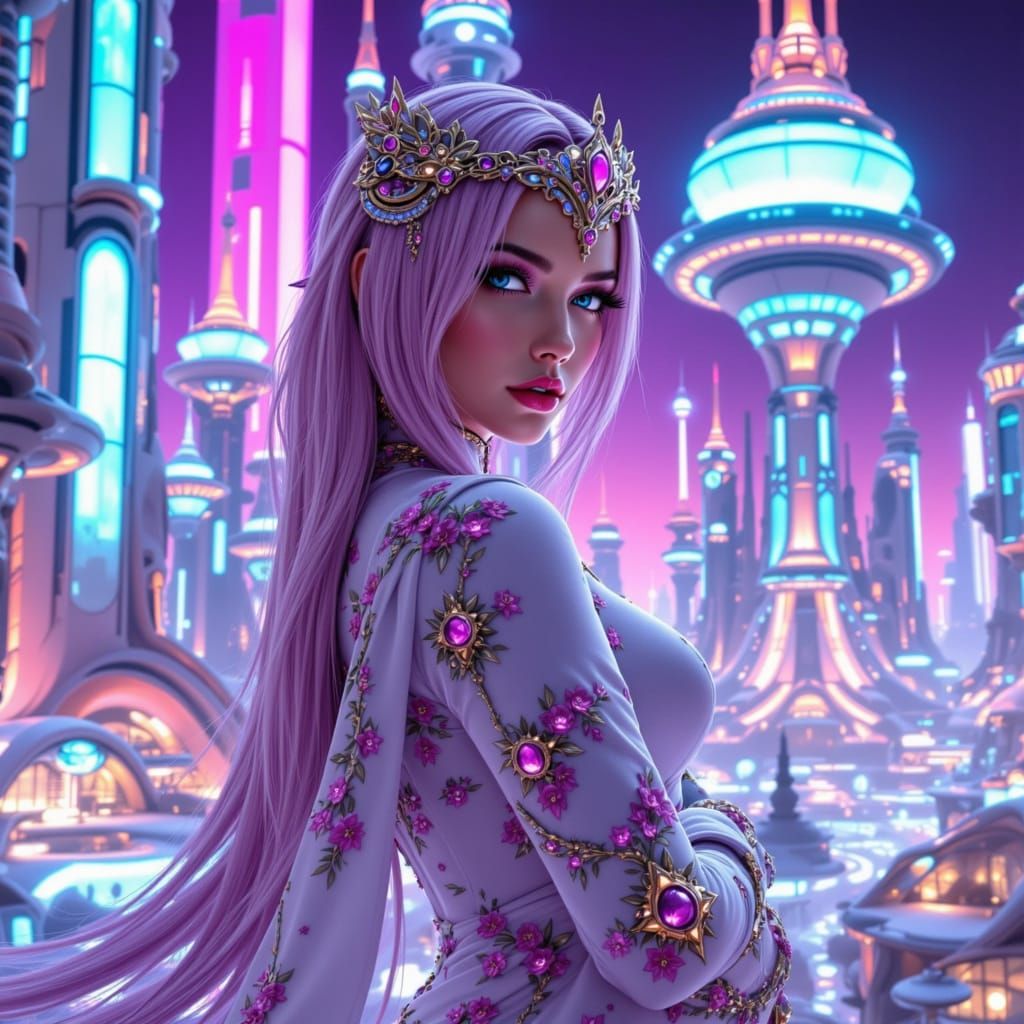 Futuristic Siberian Princess in Aurora-Lit Cityscape