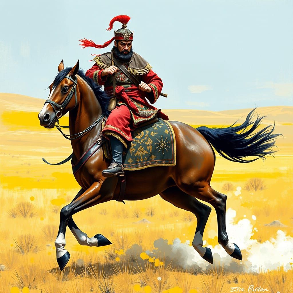 Mongolian Warrior Rides a Majestic Horse Across the Steppe