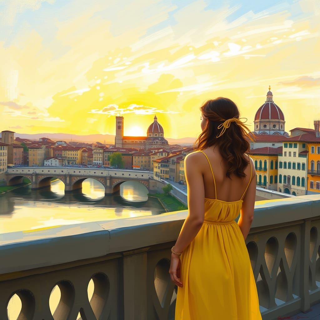 Elegant Woman on Ponte Vecchio at Sunset in Impressionist St...