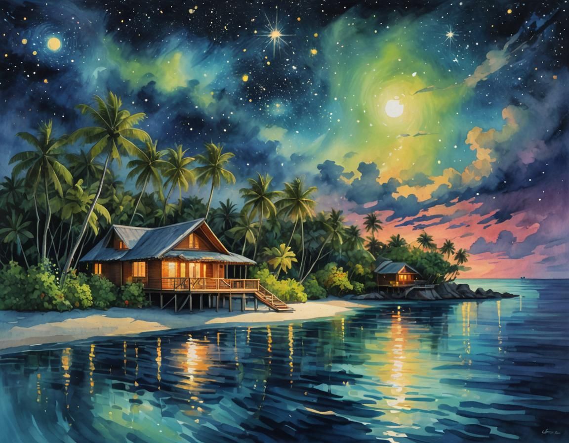 Bioluminescent Maldives Resort in Gouache Style