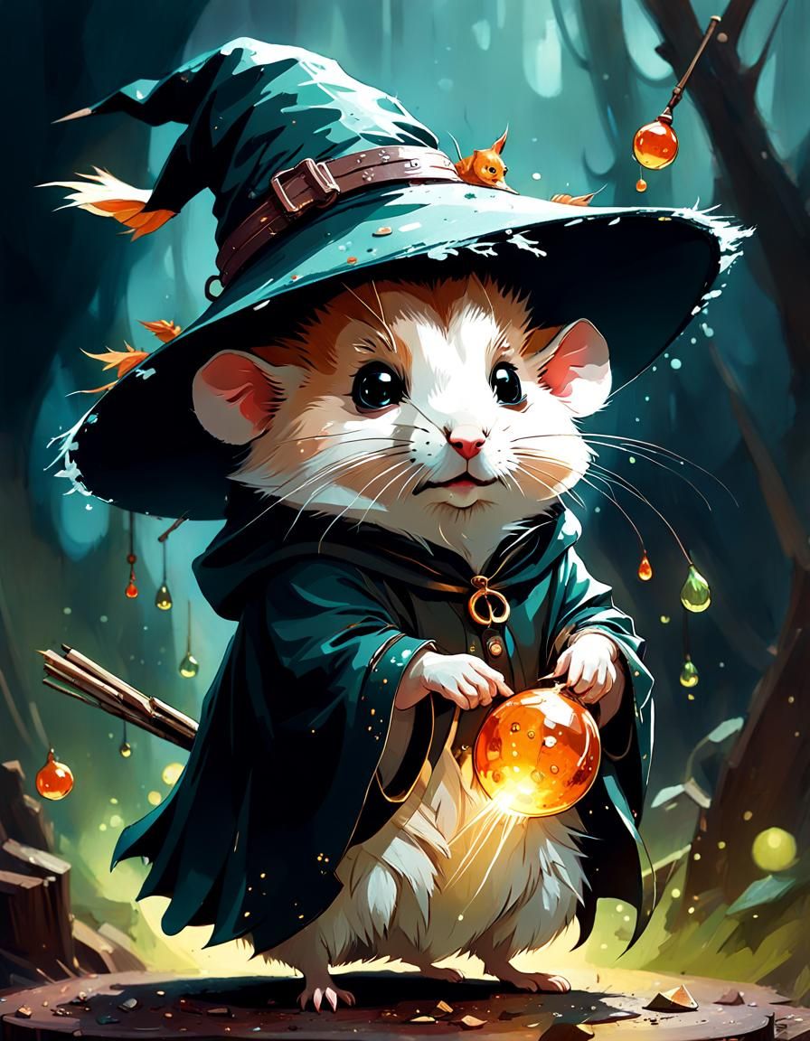 Adorable Hamster Witch Digital Painting