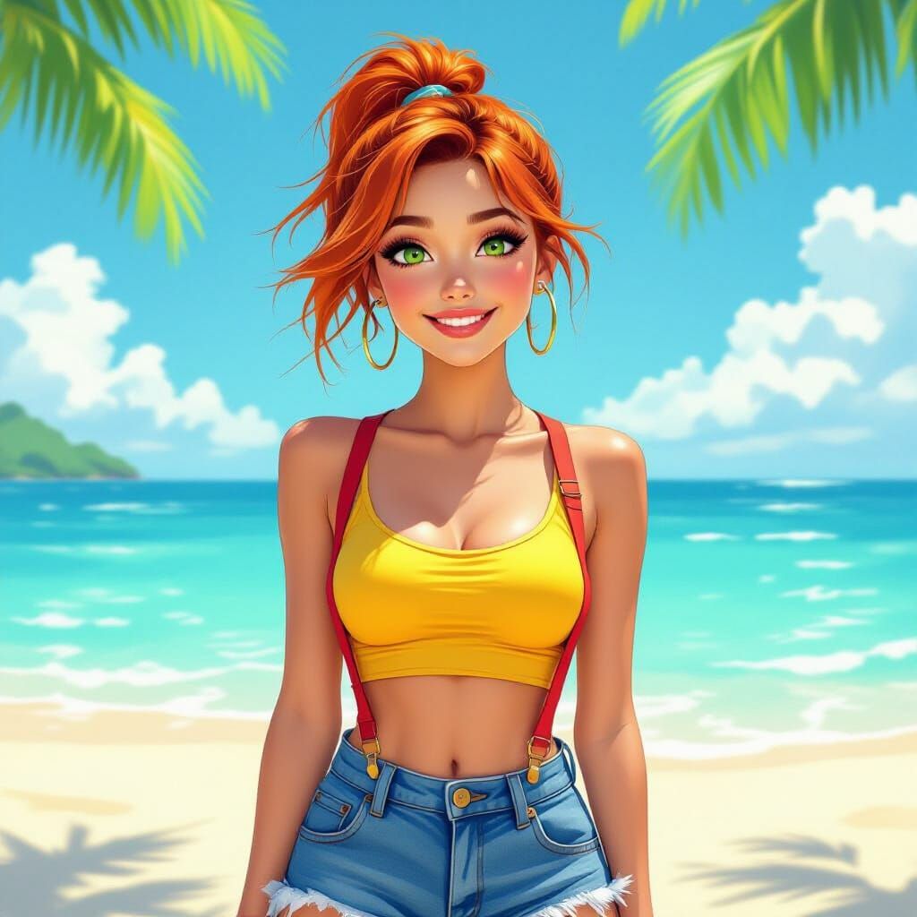 Smiling Woman on Tropical Beach in Digital Painting Style