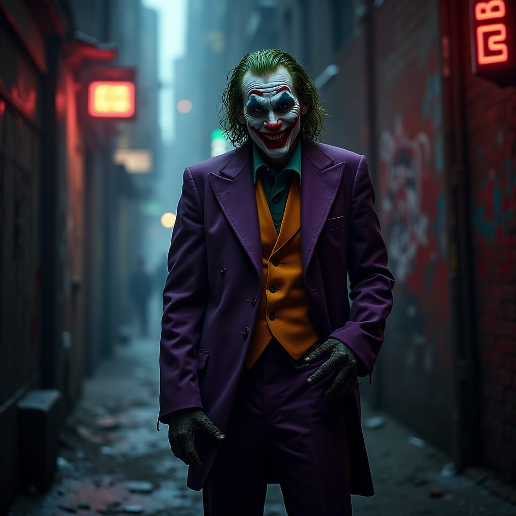 Mysterious Joker Figure in Dark Gotham Alleyway