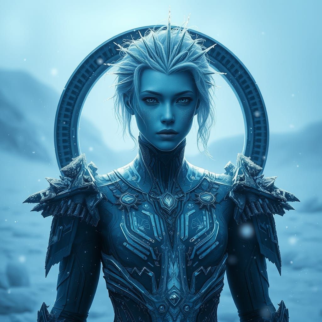 Futuristic Ice Warrior in Frosty Tundra