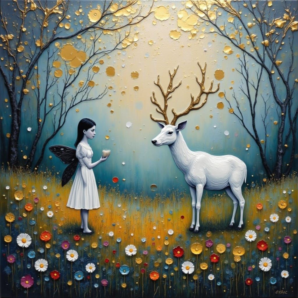 Enchanted Fairy and Deer in Textured Impasto Meadow