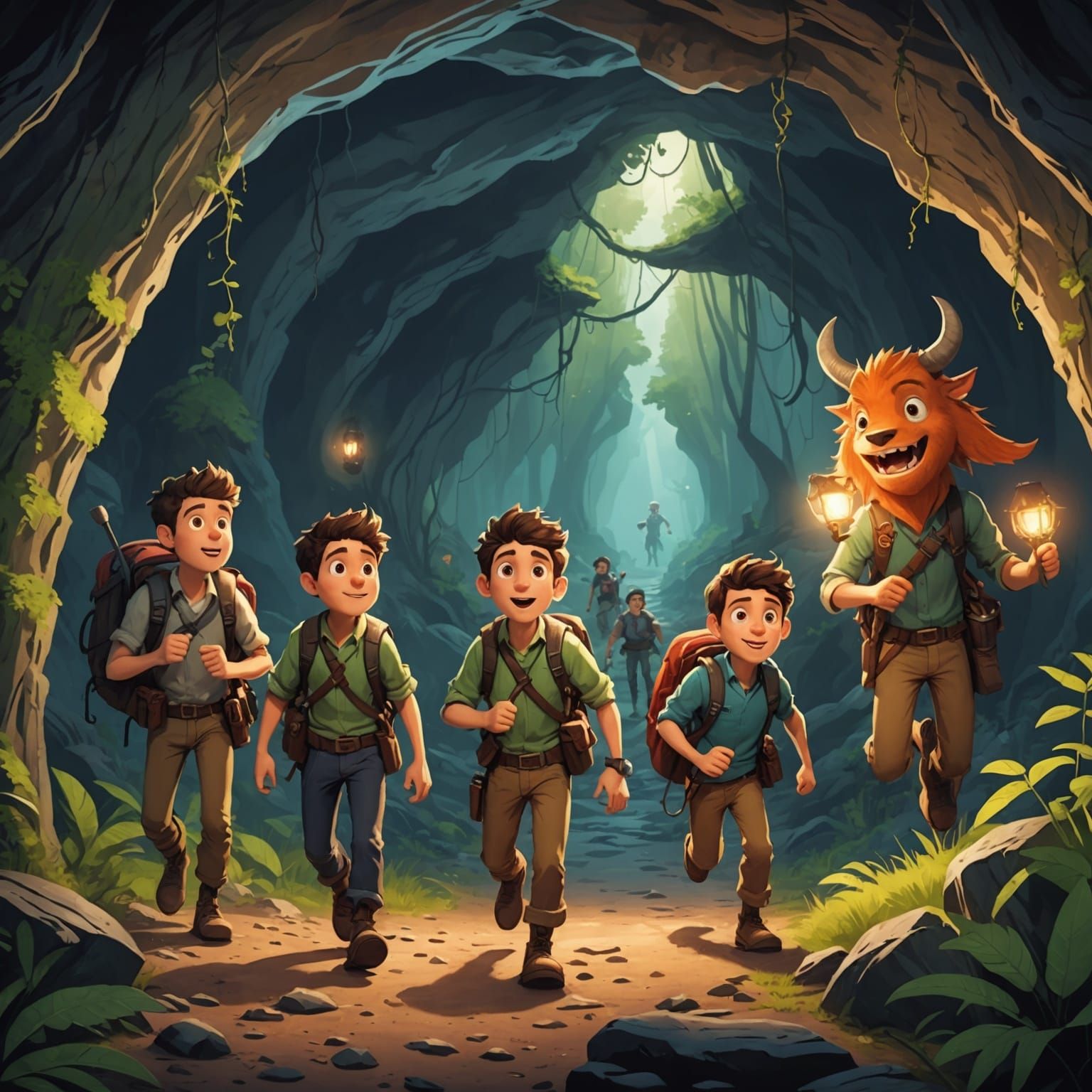 Friends Fleeing Monsters in Forest Cave