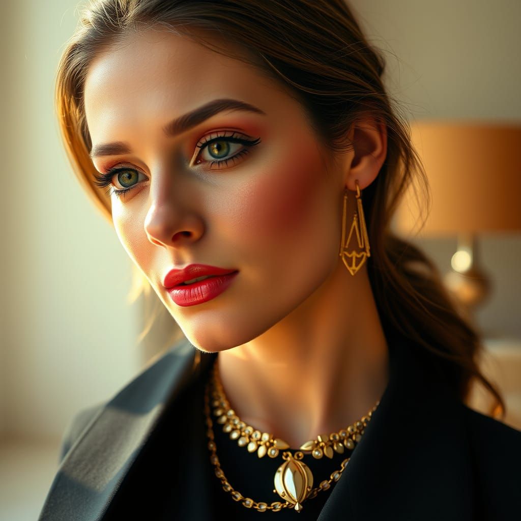 Flawless Woman with Vamp Makeup and Gold Necklace