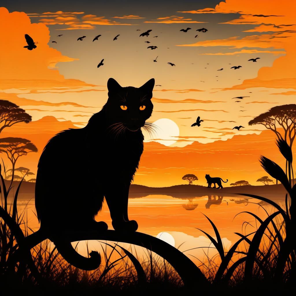 Savannah Sunset Cat Silhouette with Lions