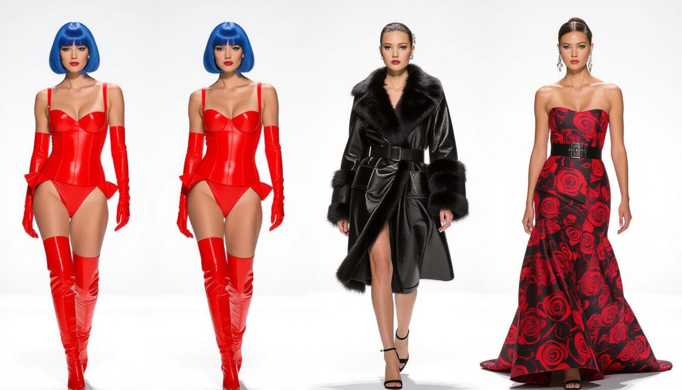 Blue Haired Woman in Red Latex on Runway