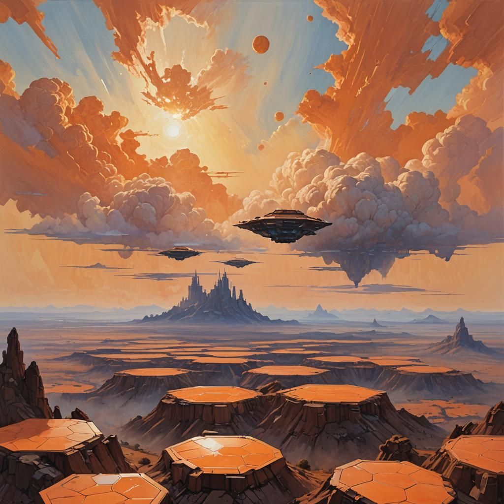 Orange Hexagonal Platforms in Impasto Gouache Style