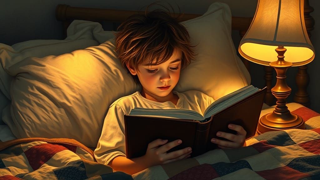 Boy Reading in Bed: Classic Painting Style