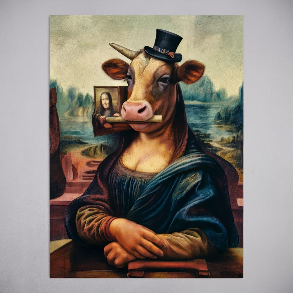 Cow Holding Mona Lisa: A Whimsical Surreal Illustration