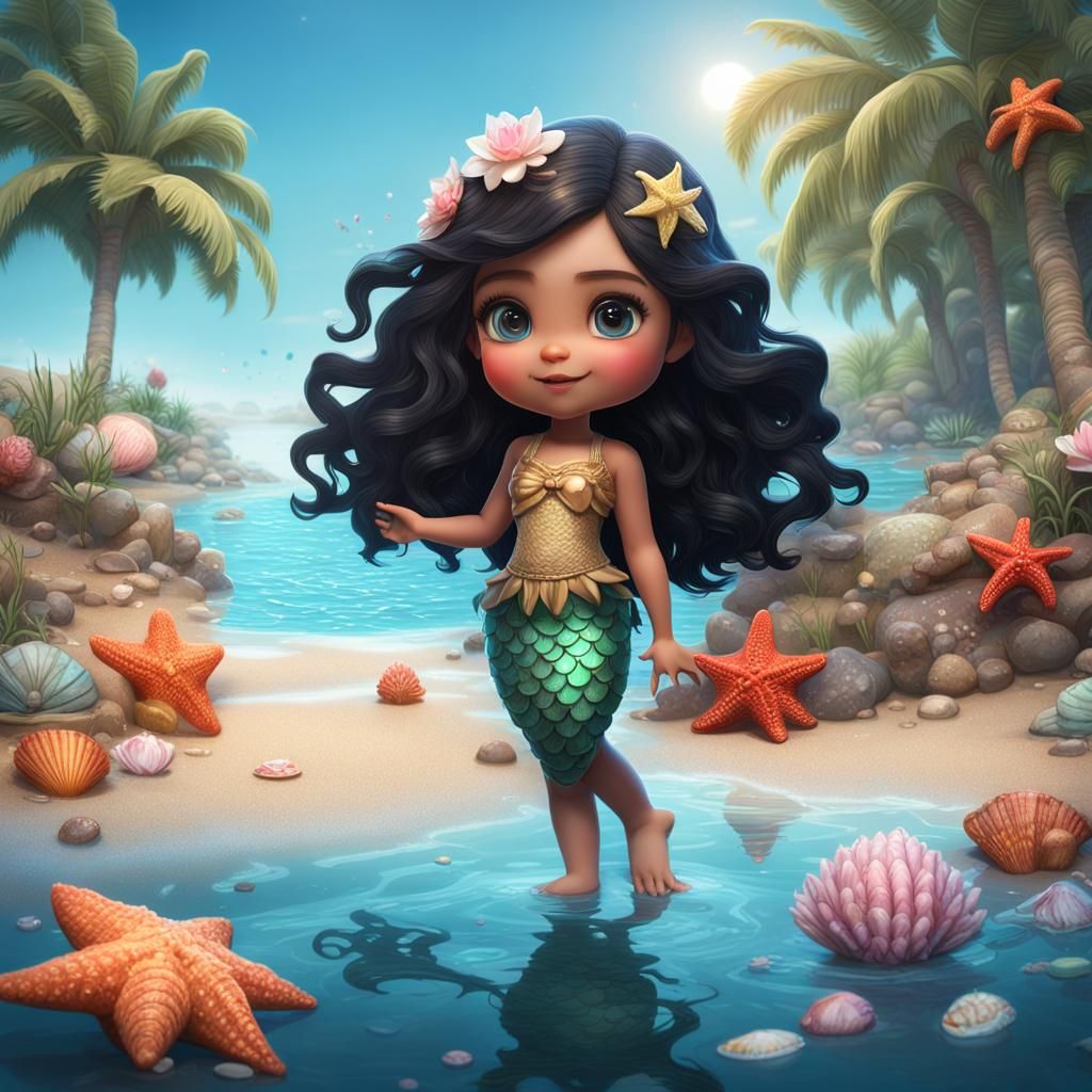 Chibi Mermaid on a Beach in Detailed Matte Painting