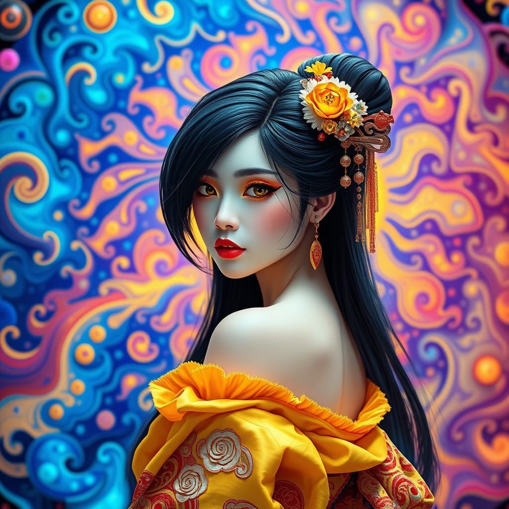 Ethereal Japanese Maiden in Vibrant Neon-Noir Style