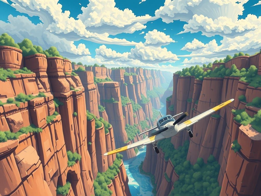 Surreal Ghibli Canyon Landscape with Propeller Plane