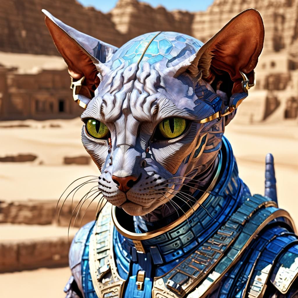 Cyborg Sphinx Cat in Egypt: Hyperrealistic 3D Art
