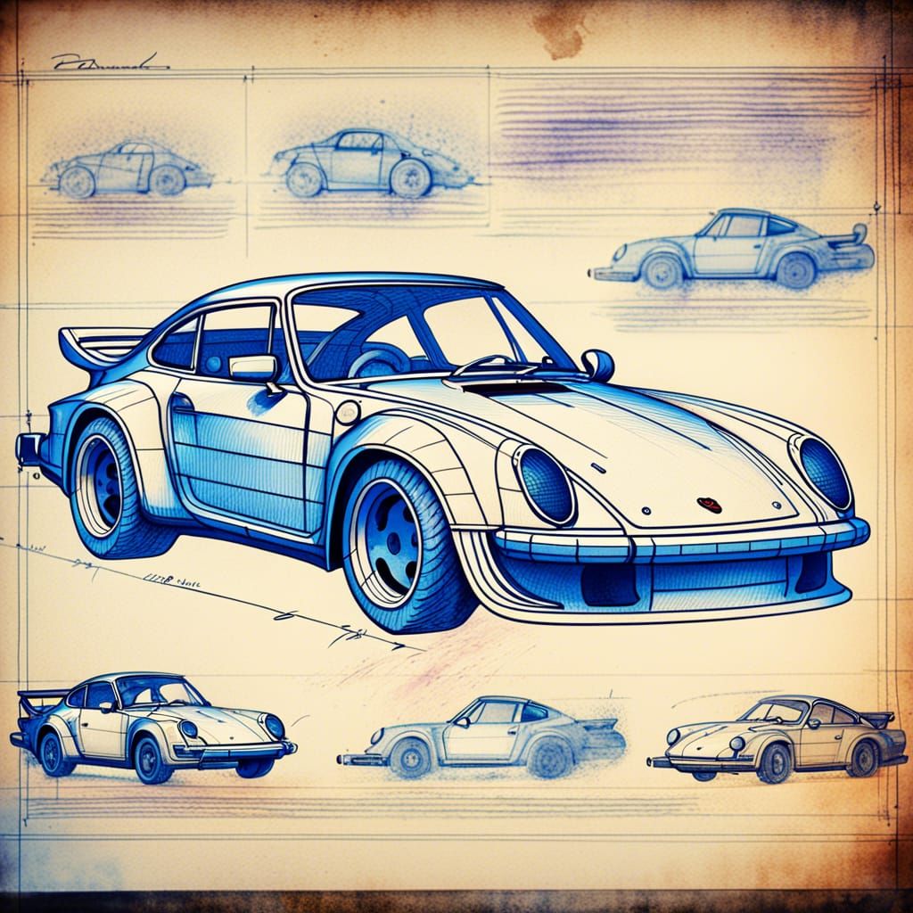 Porsche 934-5 Retrofuturistic Blueprint in Ink