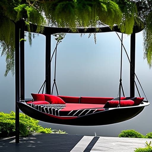 Crimson red and black Gothic Round Swing Bed with Pergola Roof and Planters& gothic vibes& ethereal vibes& magical vibes...
