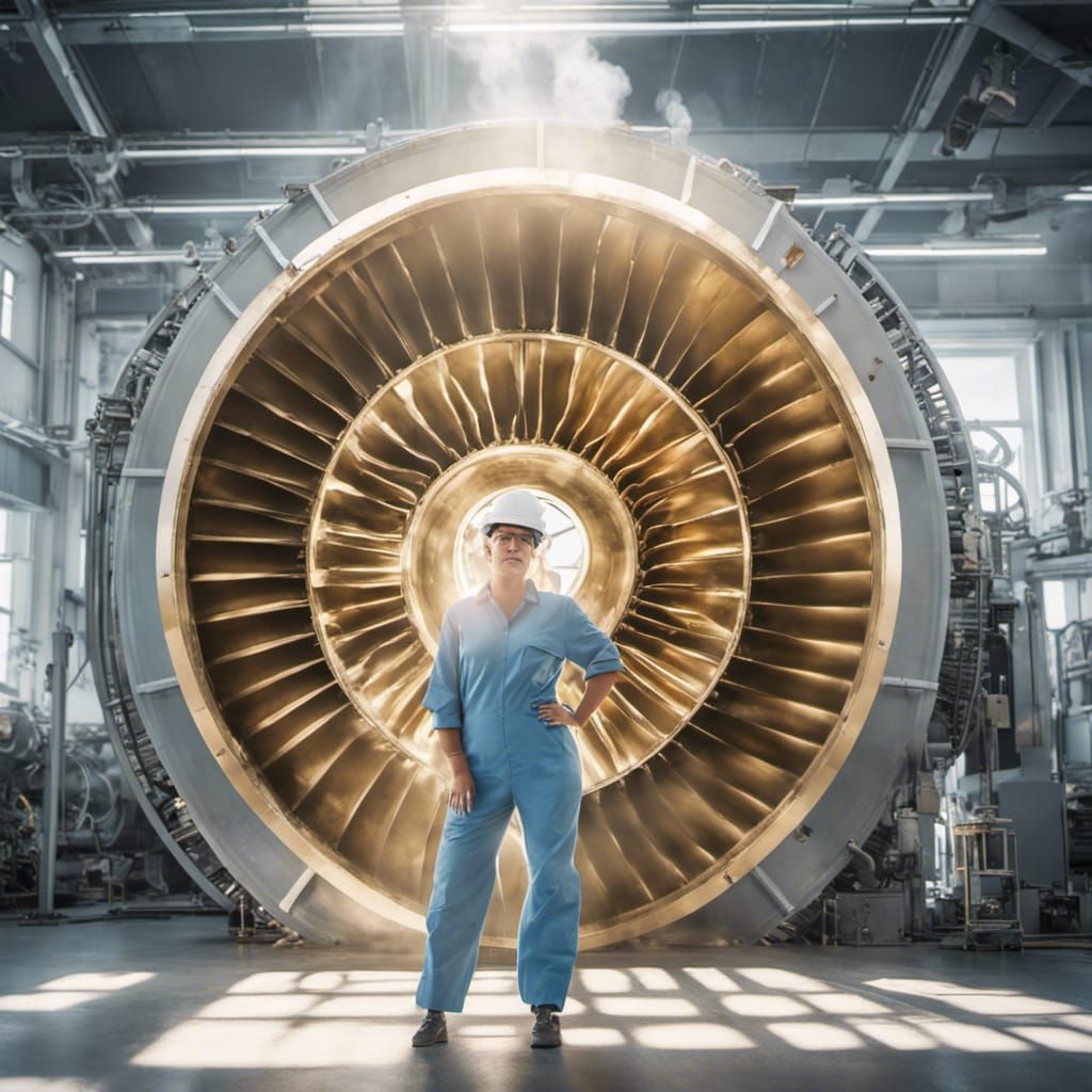 Woman Oversees Giant Gold Steam Turbine