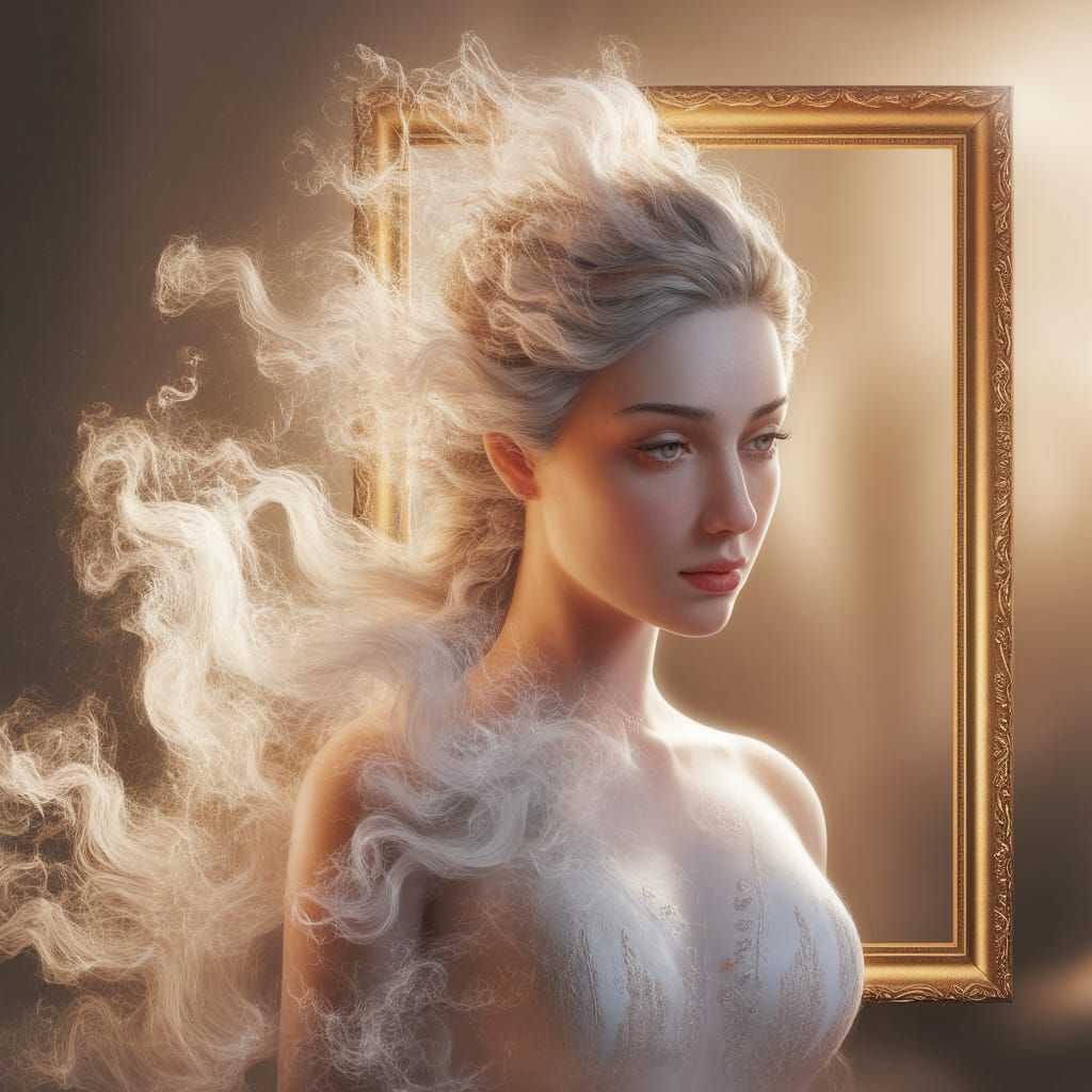 Ethereal Female Face in Golden Frame, Fantasy Style