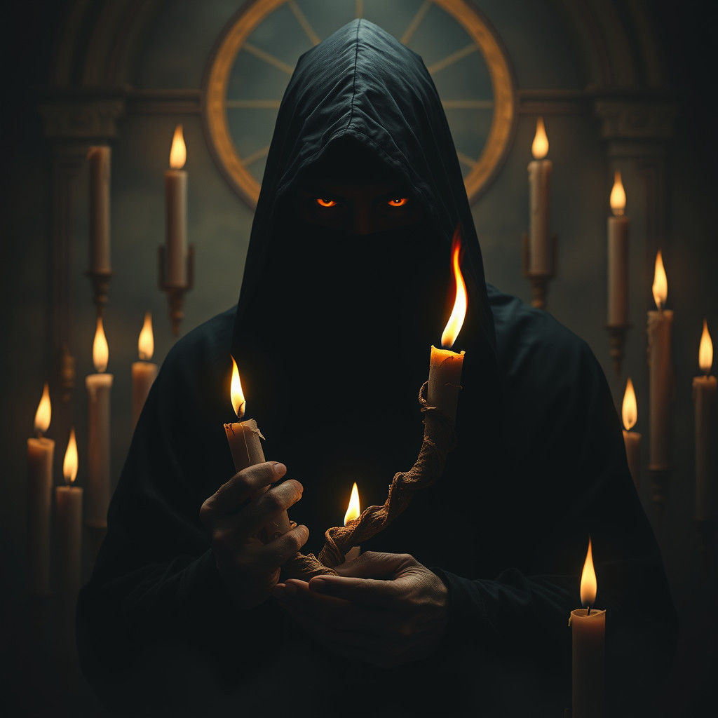Eerie Hooded Figure with Candle in Gothic Art Style