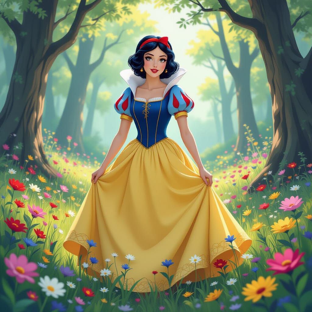 Snow White in Whimsical Forest, Digital Art