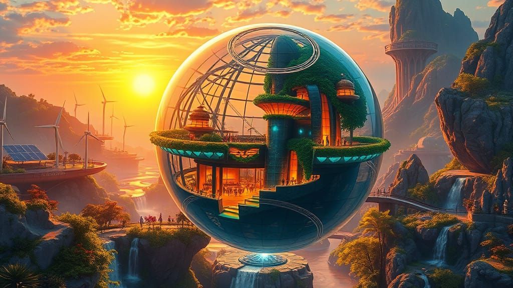 Surreal Eco City Oasis in Vibrant, Detailed Art Style