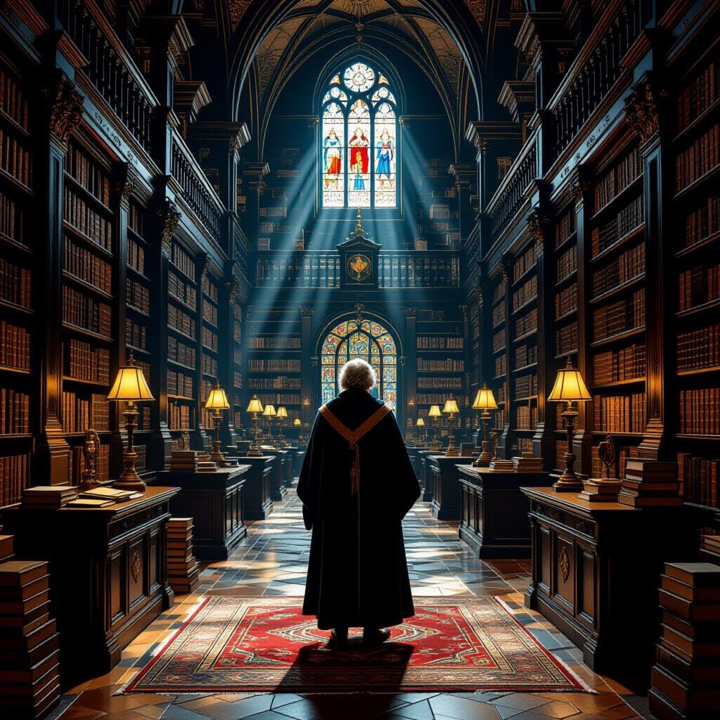Scholar in Labyrinthine Library as Hyperrealistic Painting
