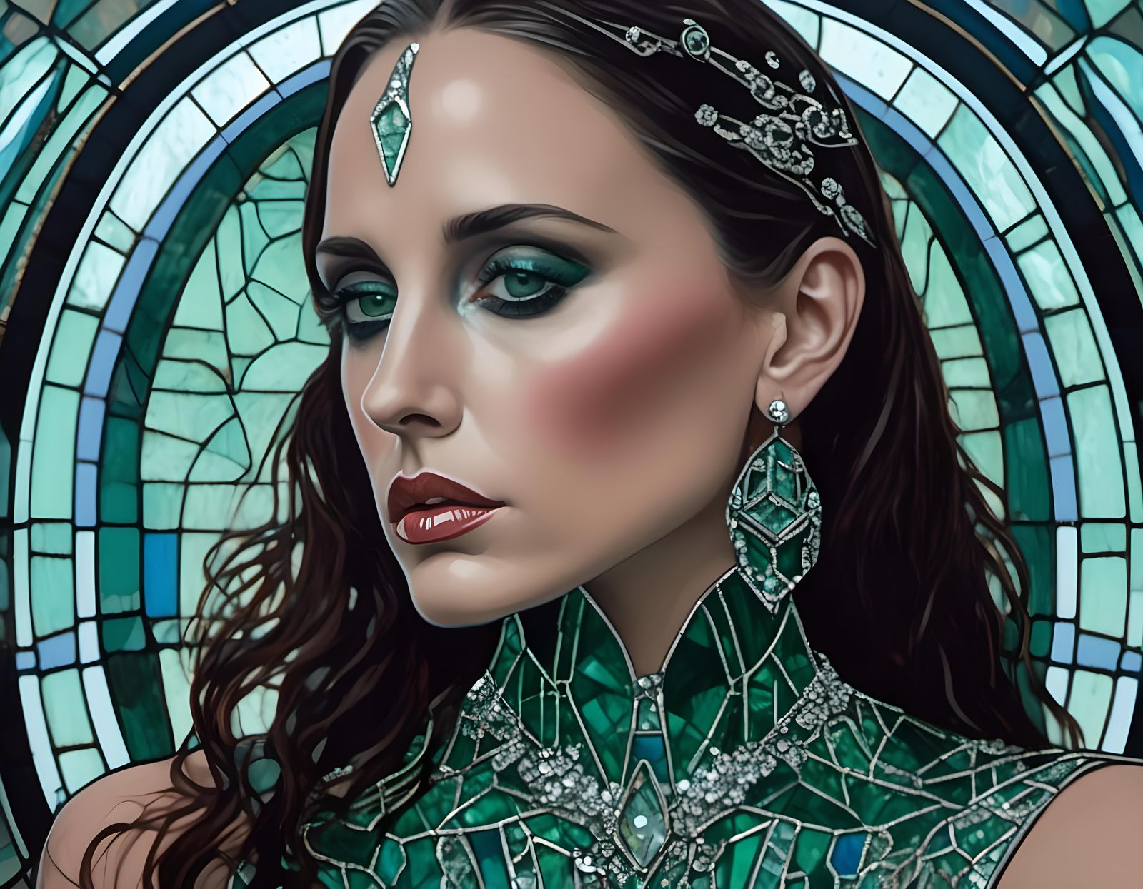 Beautiful Woman in Futuristic Stained Glass Ballgown