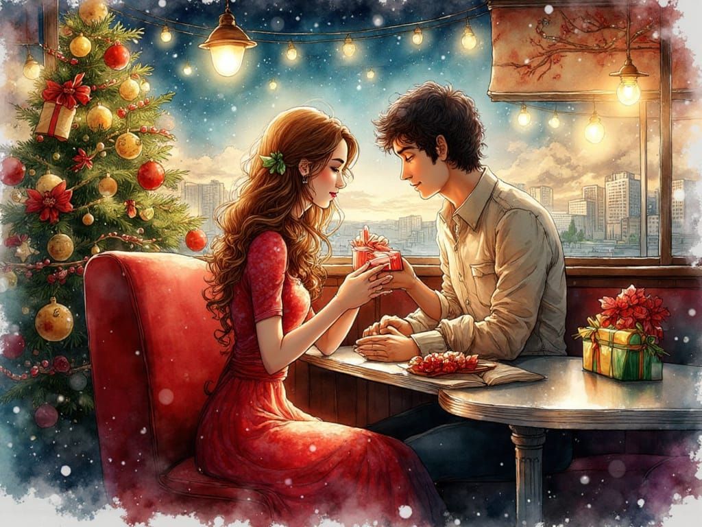 Couple Exchanges Gifts in 1988 Diner Christmas Scene