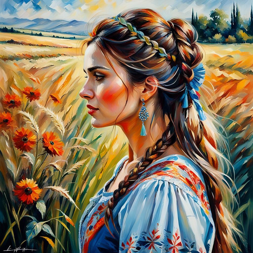 Croatian Girl Portrait in Sunny Field, Neo-Impressionism