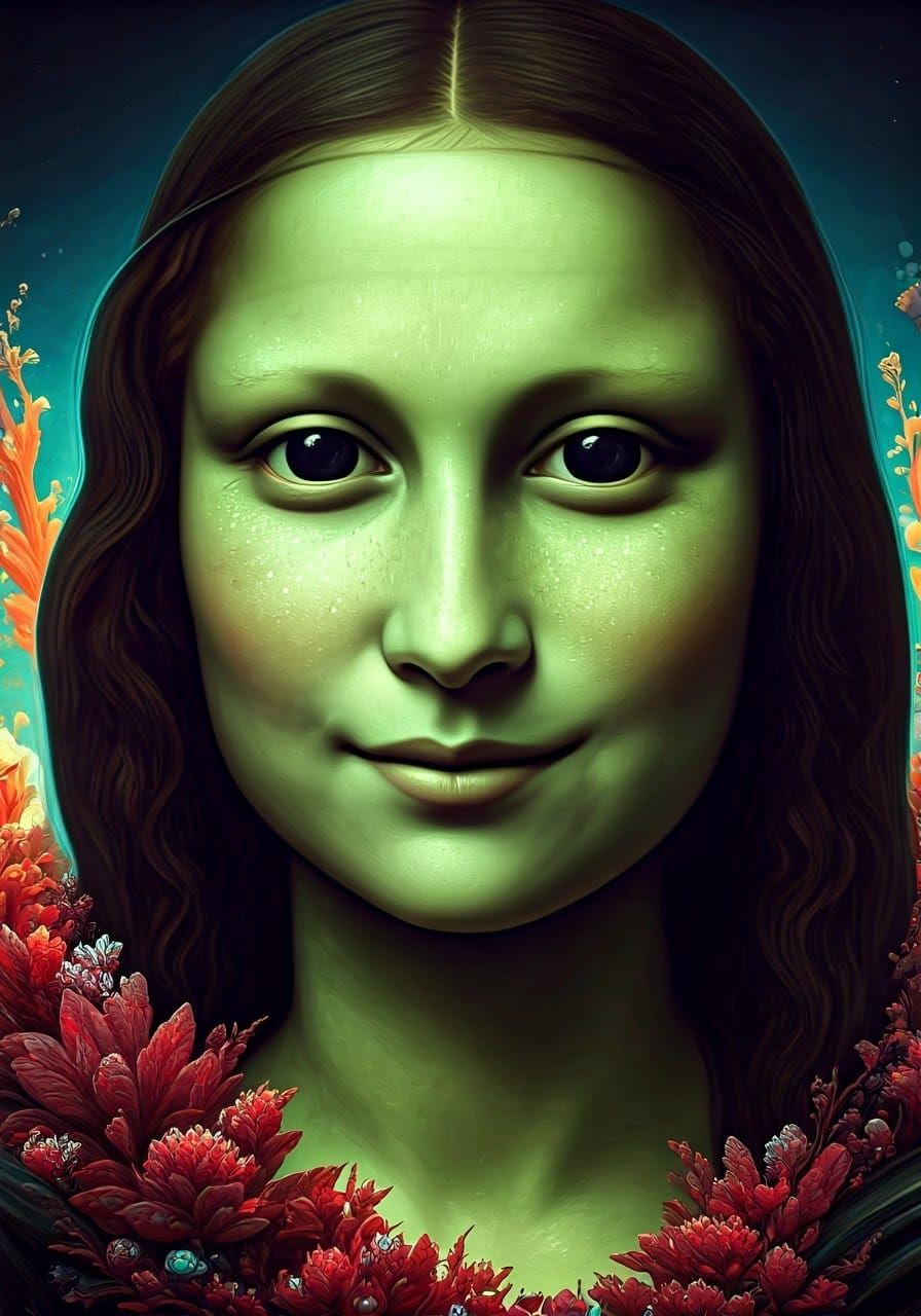Alien Mona Lisa in Surreal Dreamscape, Concept Art