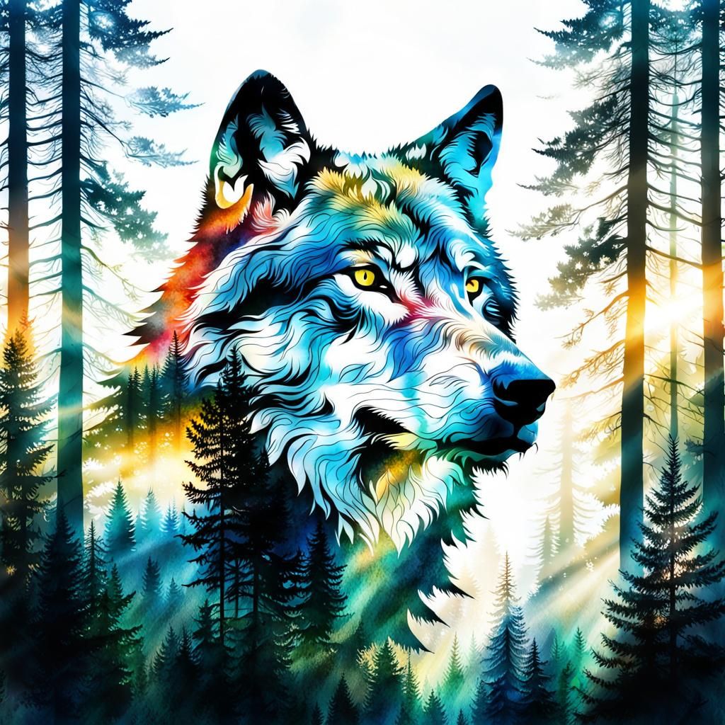 Mystical Wolf Double Exposure Watercolor Portrait