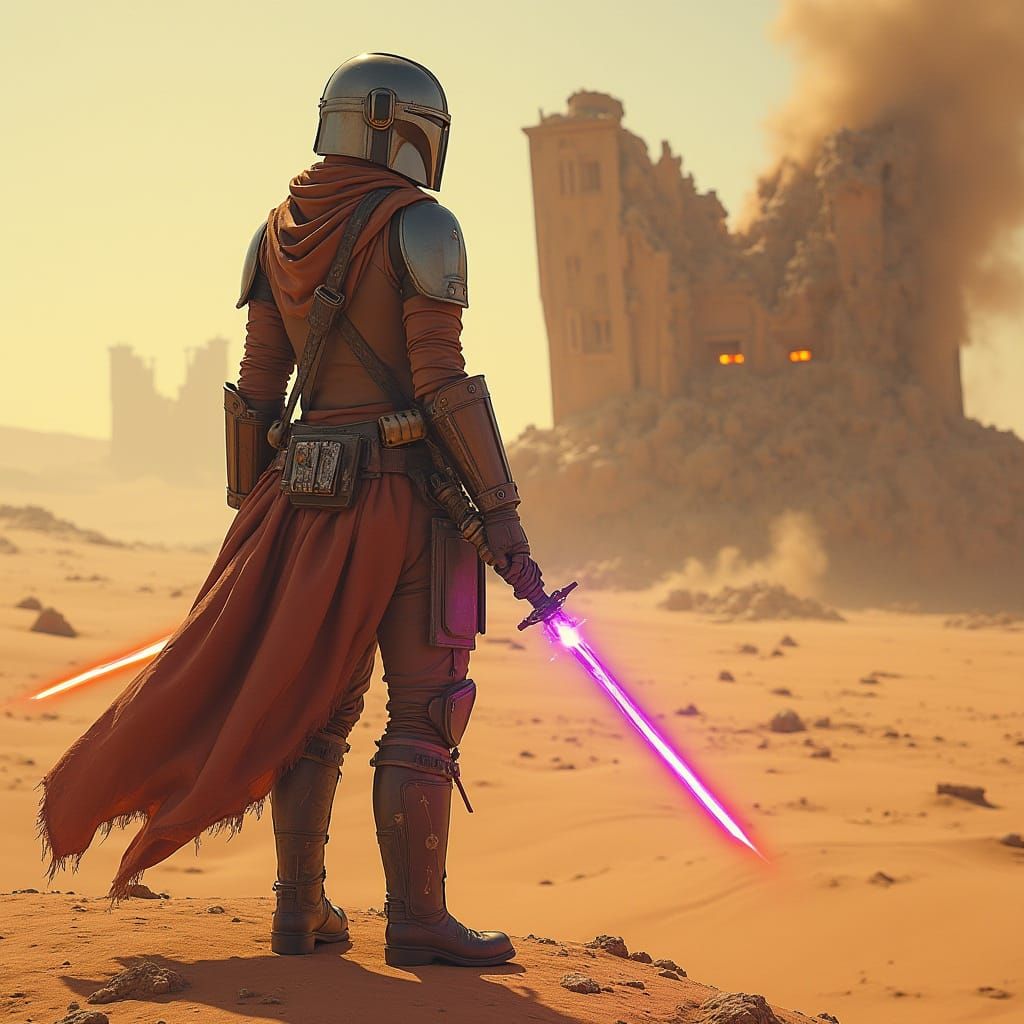 Mandalorian Warrior Stands Resolute on Desert Planet, Witnes...