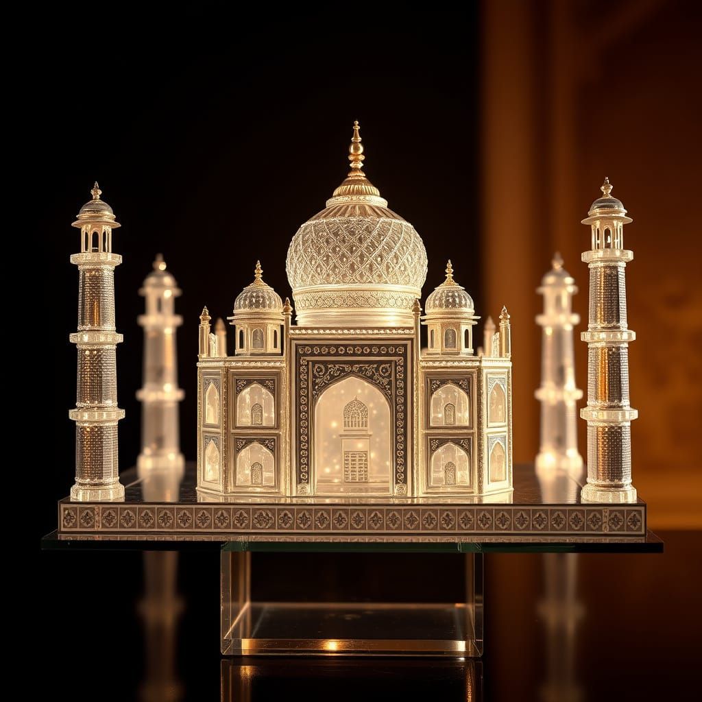 Glass and crystal adorned Taj Mahal figurine on a raised glass stand