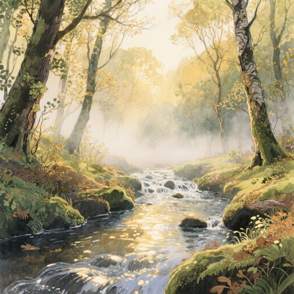 Babbling Welsh Brook in Misty Morning Light