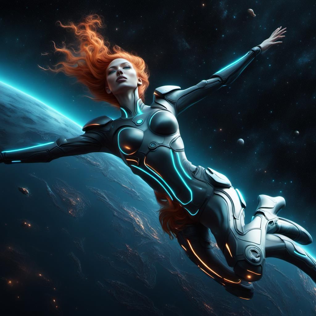 Bioluminescent Woman Flies Through Space in Futuristic Art
