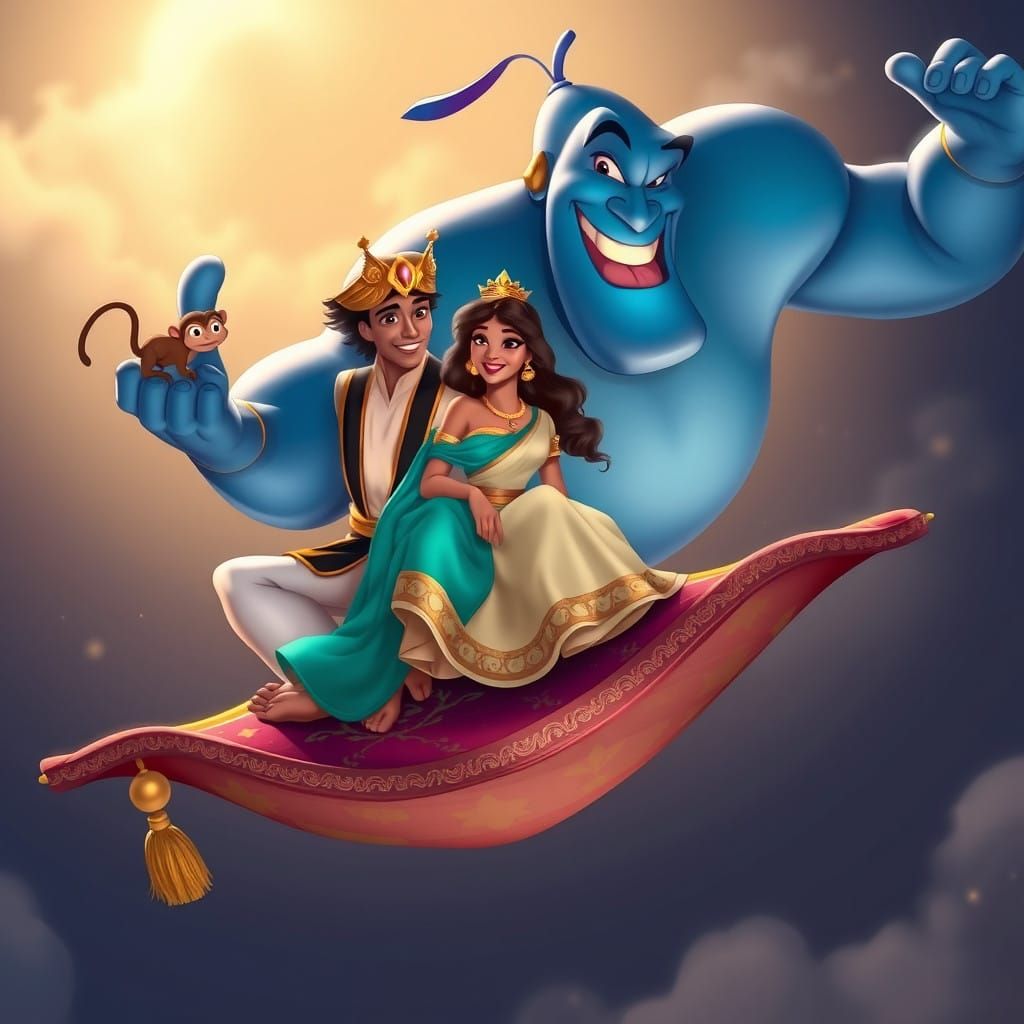 Whimsical Disney Aladdin Scene with Genie and Princess Jasmi...