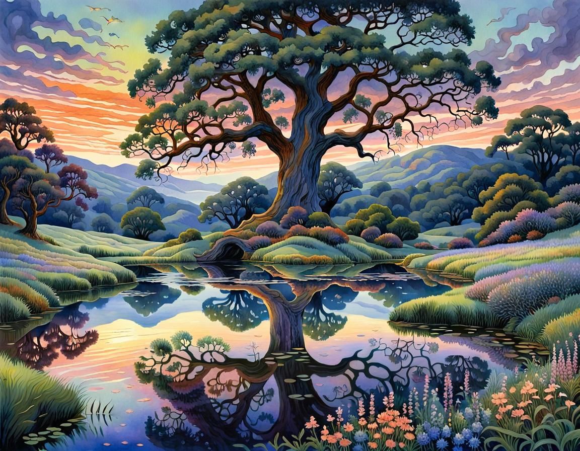 Surreal Twilight Landscape Watercolor Illustration