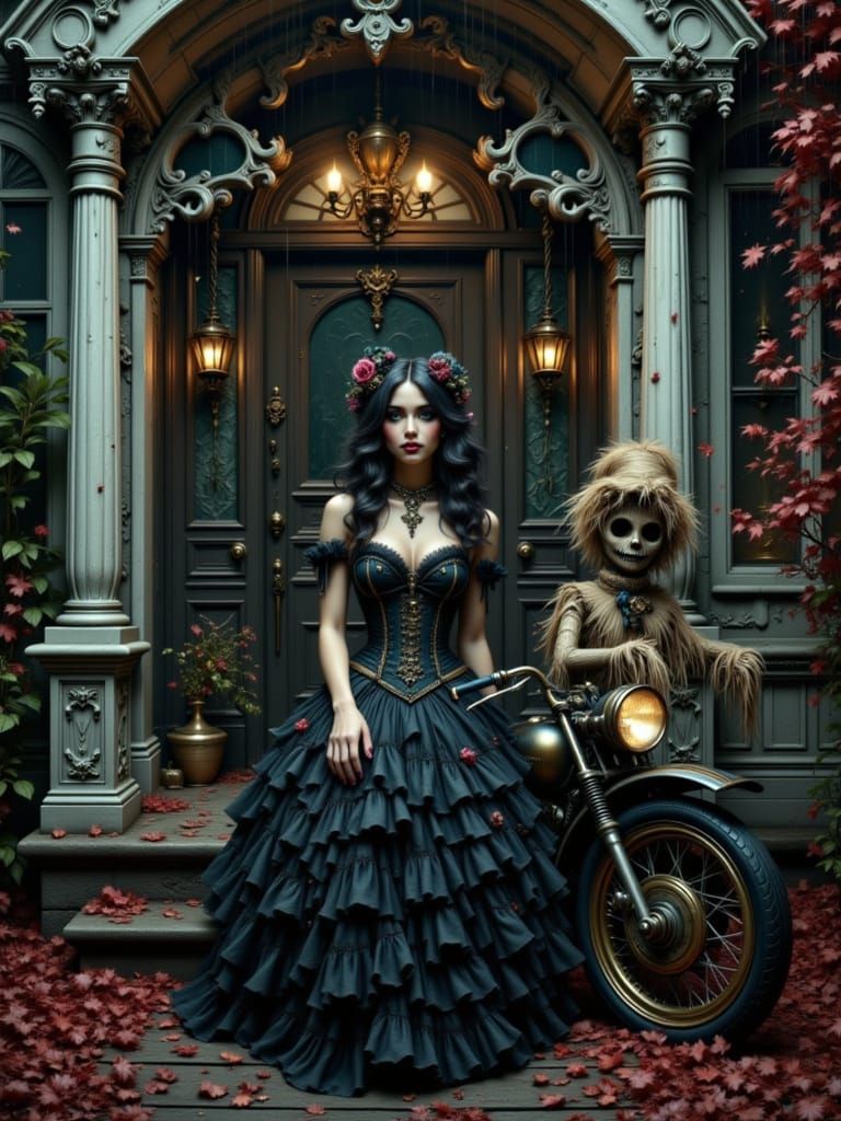 Gothic Victorian Woman and Scarecrow on Haunted Mansion Porc...