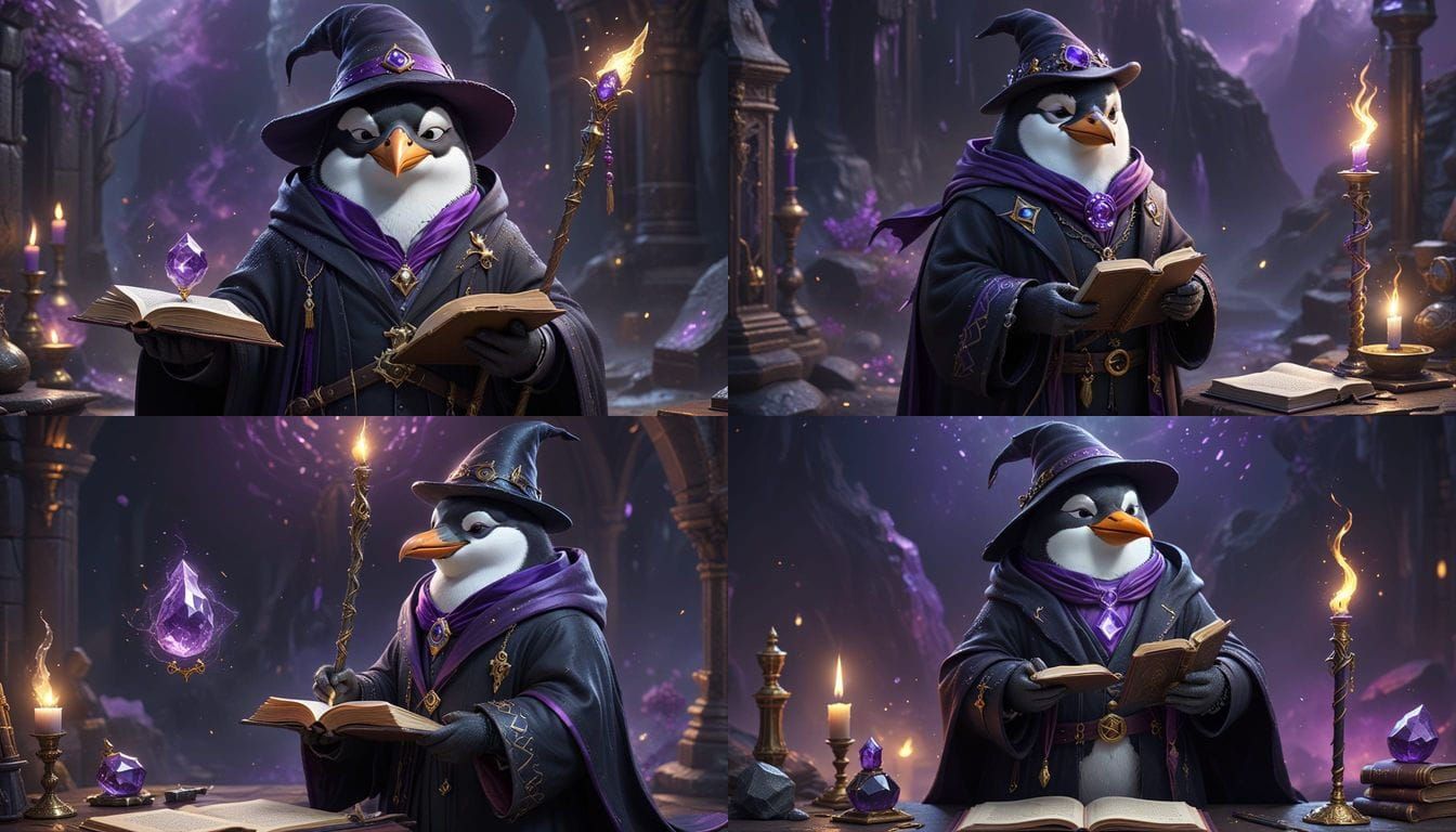 Tux the Linux Penguin Wizard in a Deep Fantasy Scene