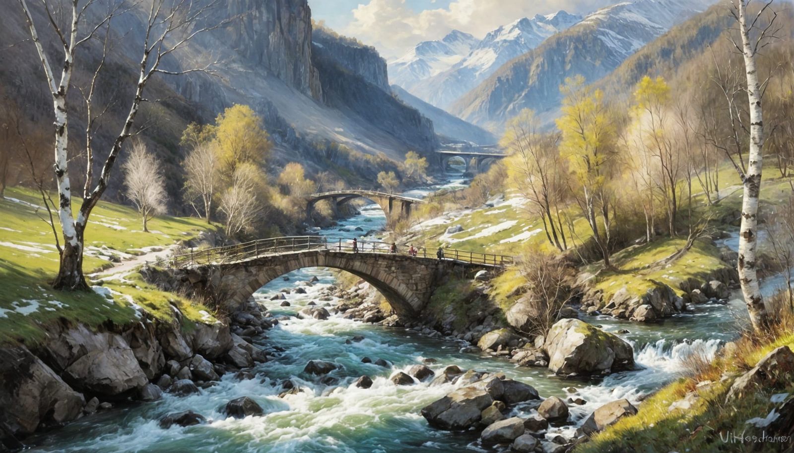 Early Spring in a Rocky River Valley, Painted in Chiaroscuro...