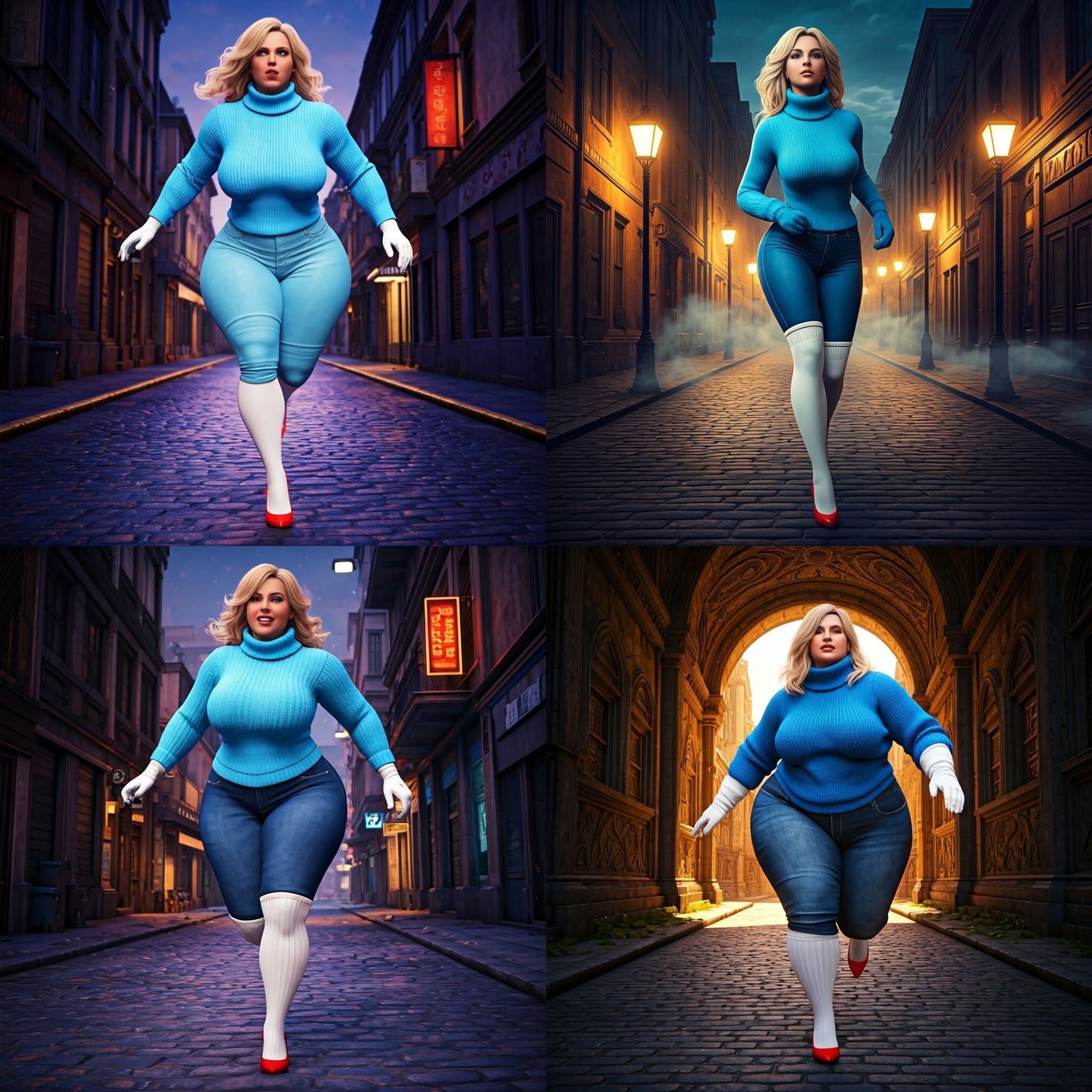 Overweight Woman Running in City Street, Fantasy Art