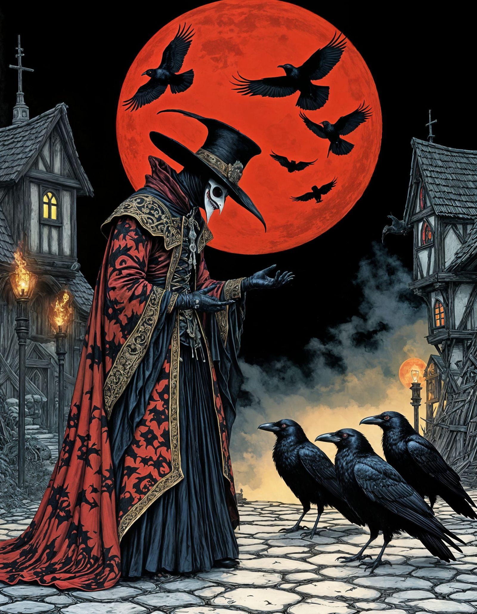 Harlequin Plague Doctor in a Dark Fantasy Village